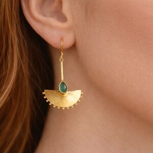 Elegant Gold Fan shaped Green Teardrop Cabachon Earrings